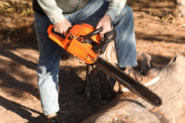 Ormanda ağaç kesen erkek oduncu.