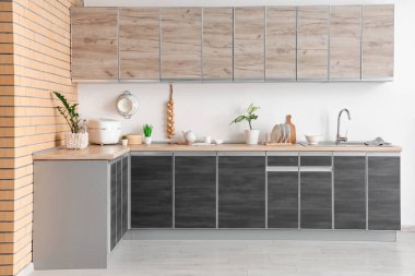 Modern mutfağın içinde ev bitkileri ve çoklu pişirici var.