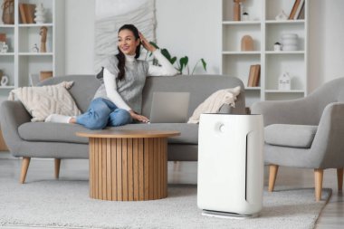 Evdeki koltukta dizüstü bilgisayar kullanan bir kadına karşı hava temizleyici.