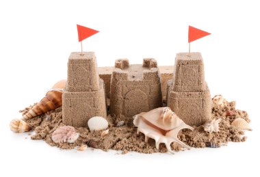 Bayraklı kumdan kale ve beyaz arka planda farklı deniz kabukları.