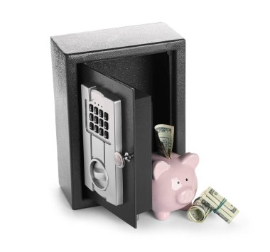 İçinde para ve beyaz arka planda izole domuz kumbarası olan modern bir kasa aç