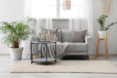 Gri kanepe, masa ve bitkilerle oturma odasının içinde.