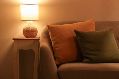 Gri kanepesi, kahve masası ve gece lambasıyla şık bir oturma odası.