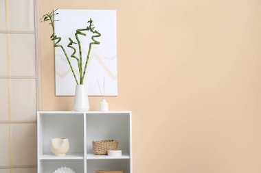 Bej duvarın yanındaki raflarda bambu saplı vazo.