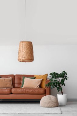 Kahverengi deri kanepe ve beyaz duvarın yanındaki çiçek.