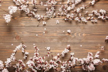 Ahşap arka planda güzel açan dallar