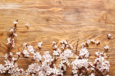 Ahşap arka planda çiçek açan güzel dallar.