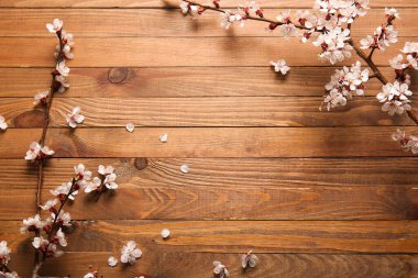 Güzel çiçek dalları ve yaprakları ahşap arka plan üzerinde