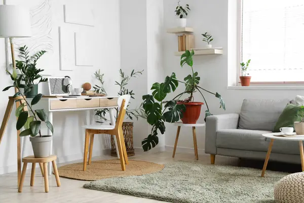 Gri kanepeli ve rahat işyeri olan bir oda.