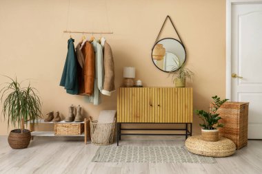 Hasır sepetli, aynalı ve paltolu şık koridorun içi.