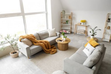 Gri kanepeler, raf üniteleri ve bitkilerle aydınlık oturma odasının içinde.