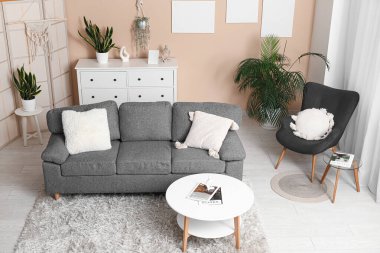 Oturma odasında minderleri, koltuğu ve kahve masası olan rahat bir kanepe.