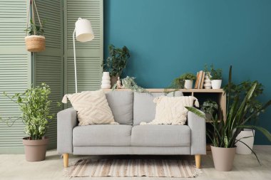 Kanepe, lamba, katlanan ekran ve oturma odasının içindeki bitkiler.