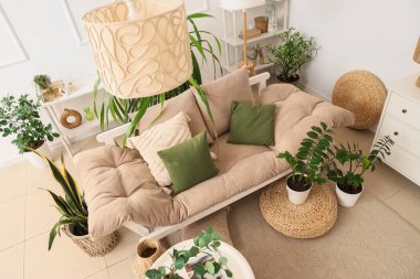 İçinde kanepe, raf üniteleri ve yeşil bitkiler olan bir oturma odası.