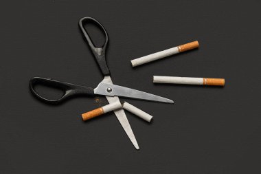 Siyah arka planda sigaralı makas. Tütün Günü konsepti yok