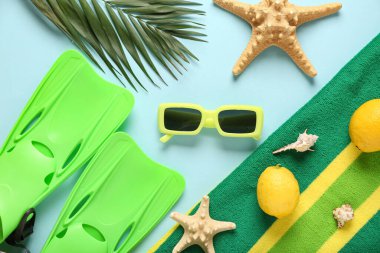 Yüzgeçli plaj havlusu, güneş gözlüğü ve mavi arka planda palmiye yaprağı.