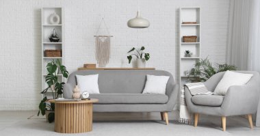 Aydınlık oturma odasının içinde gri kanepe, koltuk ve bitkilerle dolu masa.