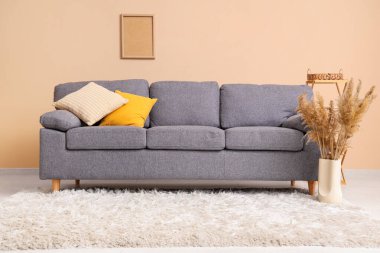 Gri kanepe ve vazo bej duvarın yanında otla süslenmiş vazo