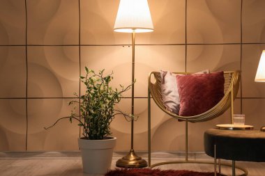 Geceleri altın koltuklu, puf ve parlayan lambalı oturma odasının içinde.