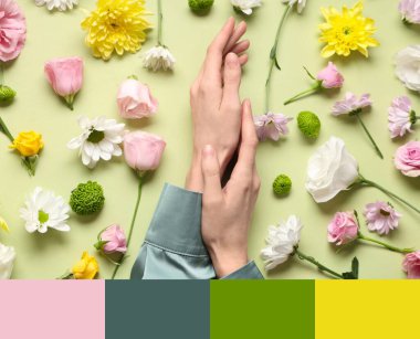 Yeşil arka planda çiçekli kadın elleri. Farklı renk desenleri