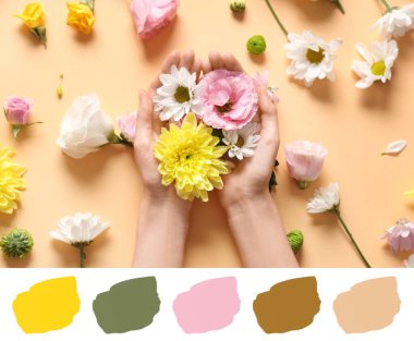 Bej arka planda bir sürü çiçek olan bir kadın eli. Farklı renk desenleri