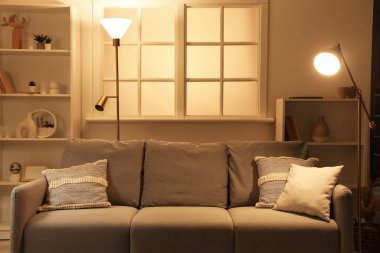 Akşamları kanepede ve parlak lambaları olan karanlık oturma odasının içinde.