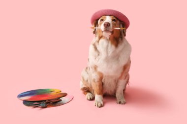 Pembe arka planda sanatçı malzemeleri olan sevimli bir köpek.