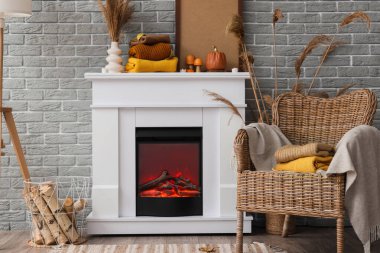 Modern odaların şık bir iç mekanı, şöminesi ve temiz giysileri var.