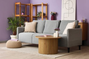 Rahat kanepe, kahve masası ve oturma odasının güzel iç kısımlarında raf ünitesi.