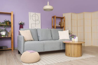 Rahat bir kanepe, sehpa ve oturma odasının iç kısımlarında raflar.