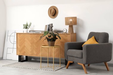 Çekmeceler, koltuk ve kahve masası. Oturma odasında saksı var.