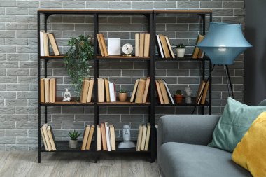 Kitaplığı, bitkileri ve parlayan lambası olan oturma odasının içinde.