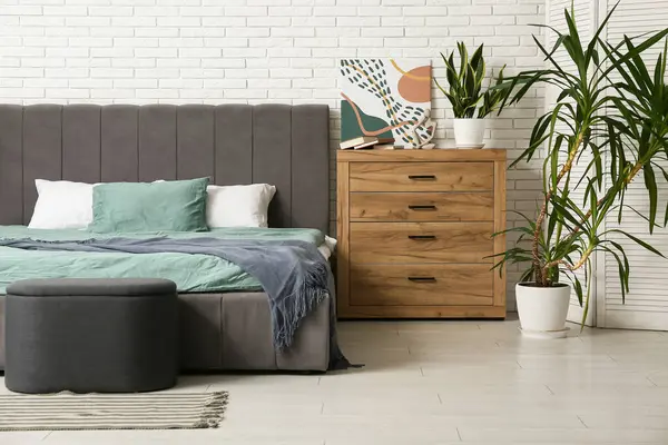 Büyük yatağı, çekmeceleri ve bitkileri olan şık bir yatak odası.