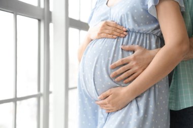 Mutlu hamile çift evde pencerenin yanında sarılıyor, yakın plan.