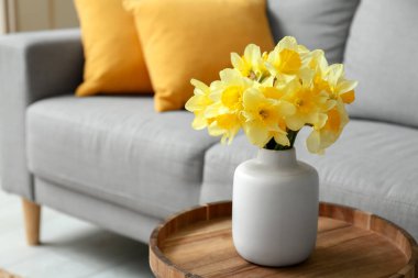 Oturma odasındaki kanepeye karşı sehpanın üzerinde narsis çiçekleri olan vazo, yakın plan.