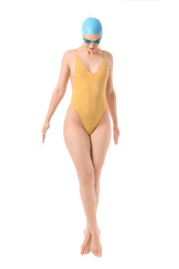 Beyaz arkaplanda kadın yüzücü