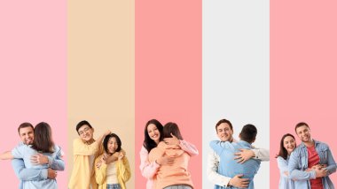 Renkli arka planda bir grup mutlu genç insan. Dostluk Günü