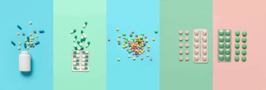 Renkli arka plan, üst görünüm üzerinde farklı haplar kümesi