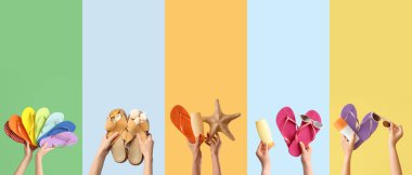 Renk arkaplanında parmak arası terlik tutan ellerin kolajı