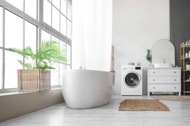 Küvet, çamaşır makinesi ve hafif banyonun içindeki çekmeceler.