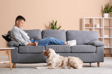 Avustralyalı çoban köpeği ve dizüstü bilgisayarı olan genç çocuk evdeki kanepede yatıyor.