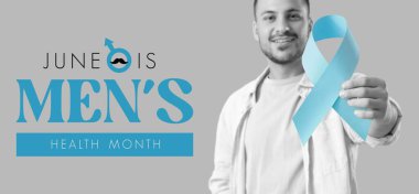 Gri arka planda mavi bilinçli genç adam. Erkek Sağlığı Ayı Afişi