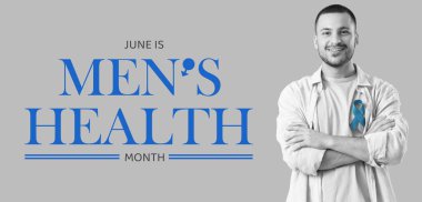 Gri arka planda mavi bilinçli genç adam. Erkek Sağlığı Ayı Afişi