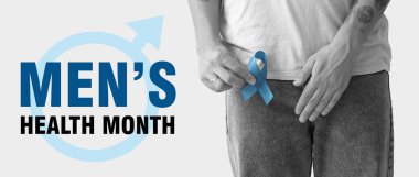 Mavi farkındalık kurdeleli genç adam, yakın plan. Erkek Sağlığı Ayı Afişi