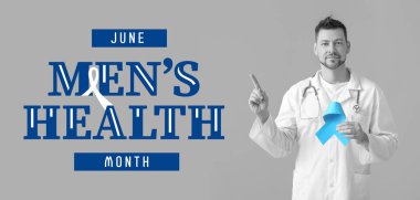 Gri arka planda mavi farkındalık kurdelesi olan bir doktor. Erkek Sağlığı Ayı Afişi