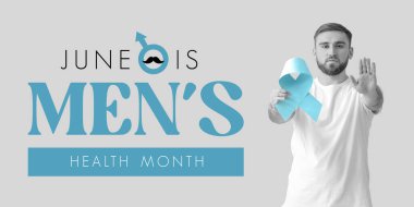 Arka planda mavi kurdeleli bir adam. Prostat kanseri farkındalığı