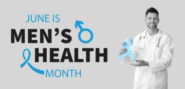 Açık arkaplanda mavi kurdeleli onkolog. Prostat kanseri farkındalığı