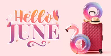 Pembe arka planda şişirilebilir halkalar ve bavul. Merhaba June.