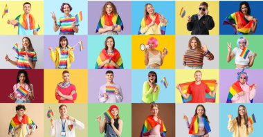Renkli arka planda gökkuşağı bayrakları olan insanların kolajı. LGBT kavramı