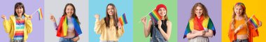 Arka planda gökkuşağı bayrakları olan genç kadınların kolajı. LGBT kavramı